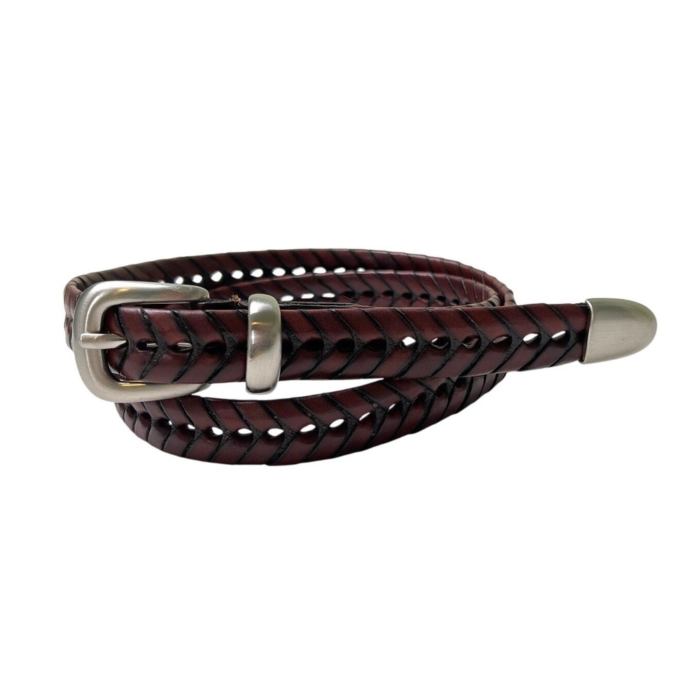 Unbranded Womens Braided Full Grain Leather Skinny Belt Size Large Brown Silver
